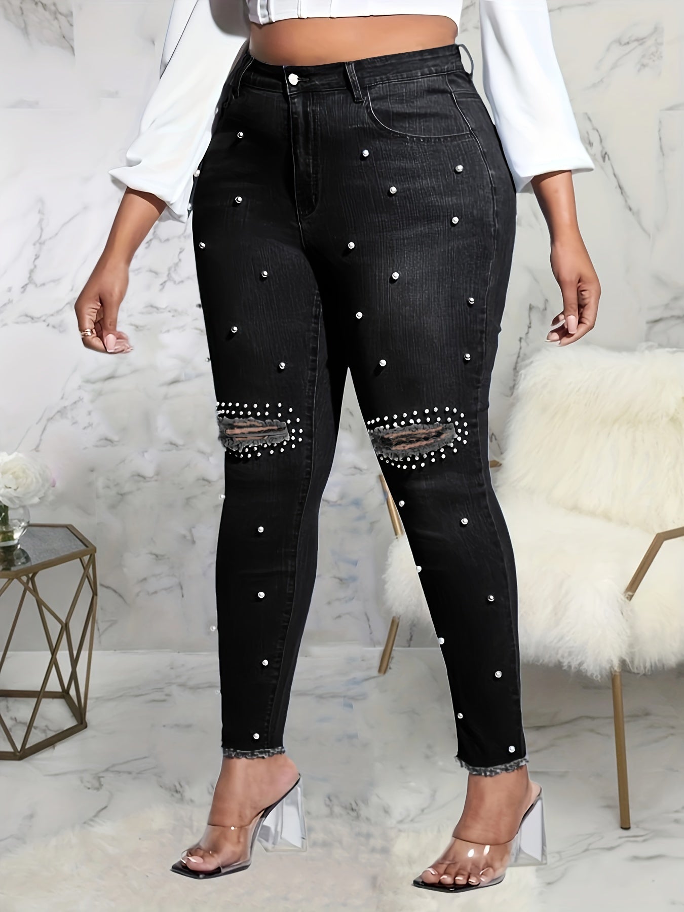 Plus Size Casual Jeans, Women's Plus Faux Pearl Decor Washed Ripped Button Fly Fringe Trim High Rise High Stretch Skinny Jeans For Fall