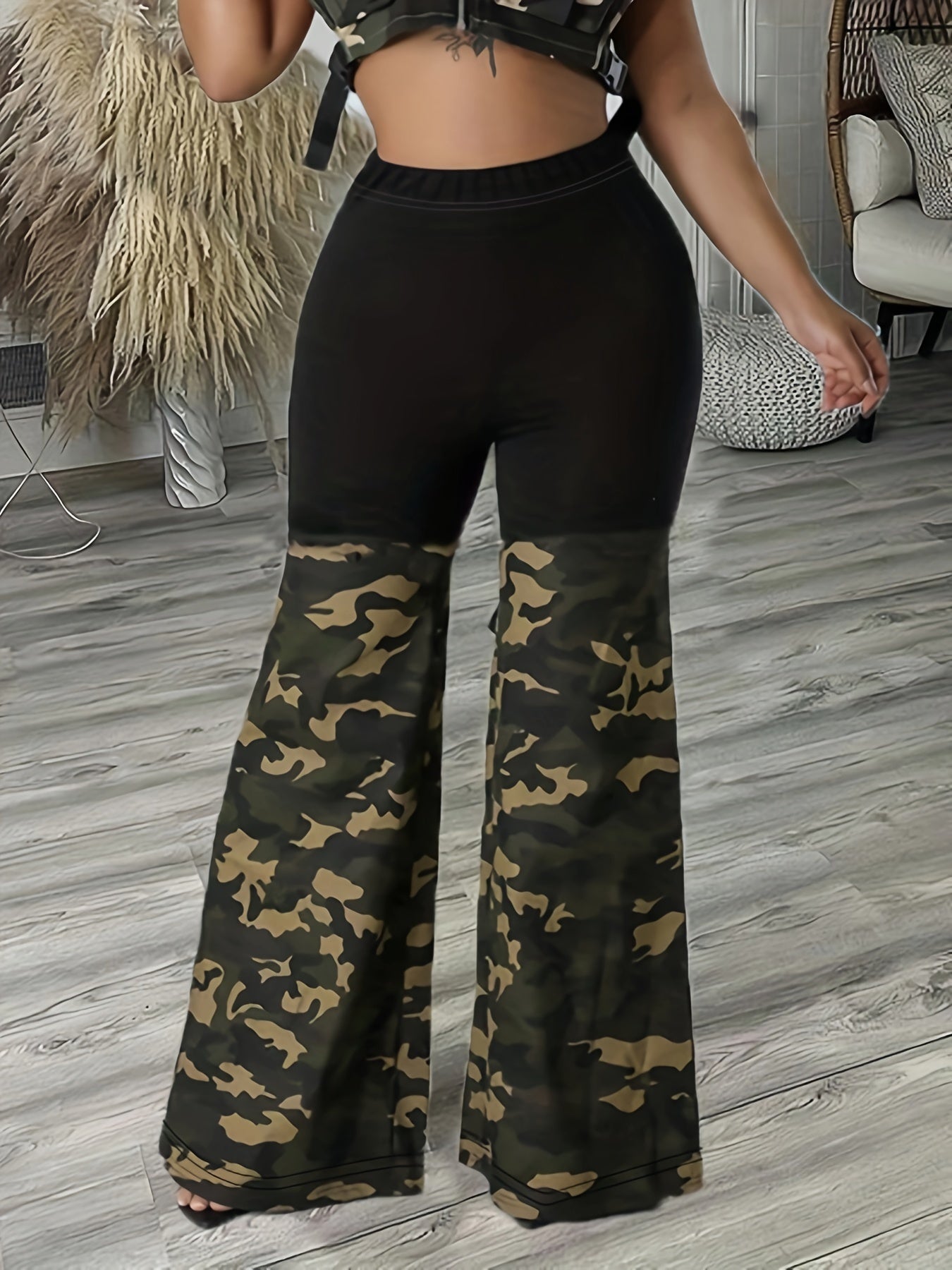 Plus Size Wide Leg Color Block Camouflage Pants - Soft Slight Stretch Polyester Fabric, Machine Washable, Random Printing, Black Fashion Style