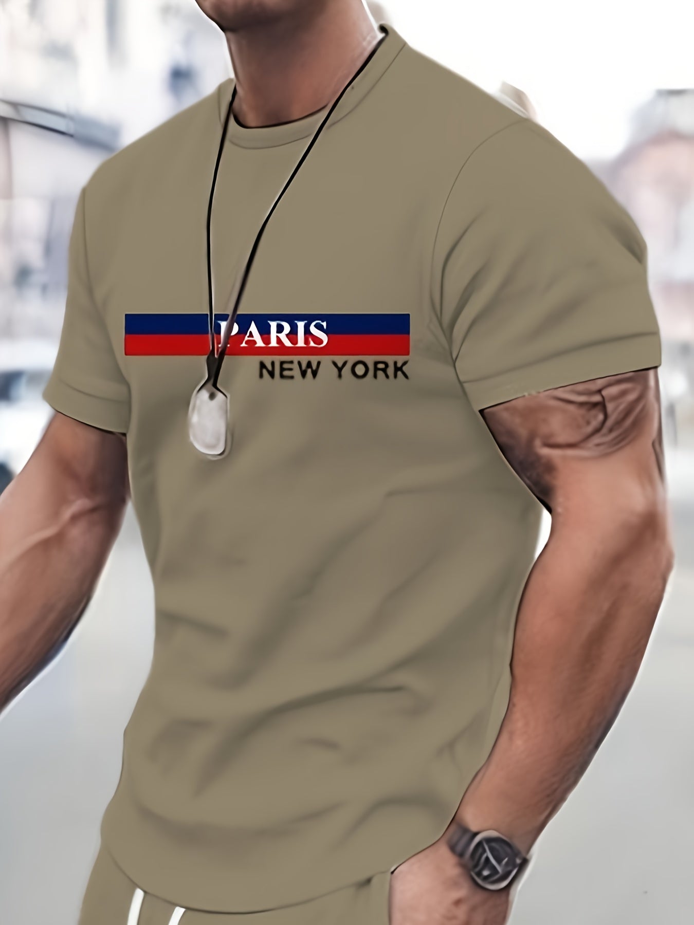 2PCS Men's Plus Size "Paris New York" Print Short Sleeve T-Shirt & Drawstring Shorts Set, Casual Crew Neck Tee And Pocket Beach Shorts, Athletic Leisure Outfit, Sporty & Casual Style