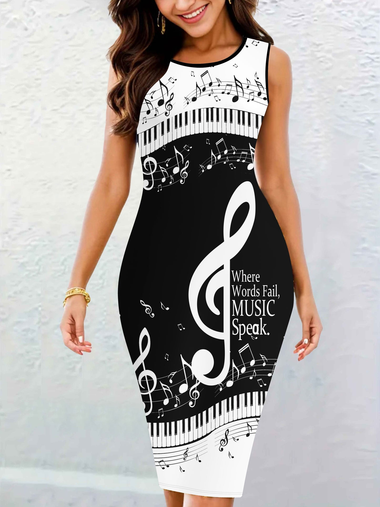 Plus Size Elegant Music Note Print Bodycon Tank Dress - Crew Neck, Medium Stretch Polyester, Machine Washable - Perfect for Spring and Summer