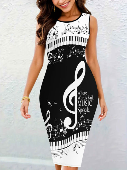 Plus Size Elegant Music Note Print Bodycon Tank Dress - Crew Neck, Medium Stretch Polyester, Machine Washable - Perfect for Spring and Summer