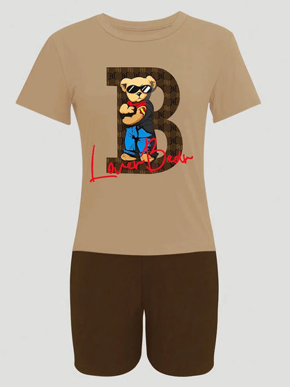 2pcs/set Of Casual Bear Letter Printed Short-sleeve T-shirts And Shorts Chic Le'Meek