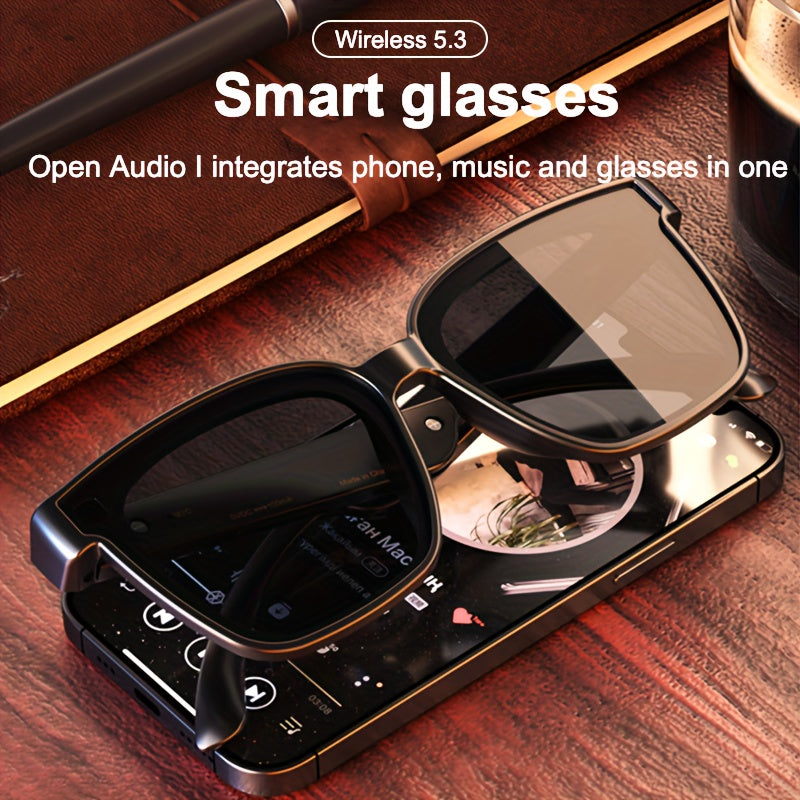 Smart glasses featuring UV400 protection, polarized lenses, a built-in microphone and speaker, physical buttons, a voice assistant, and a large-capacity battery