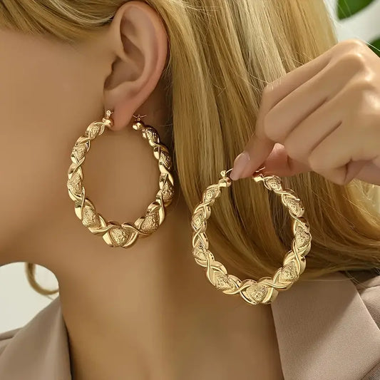 18K Golden Plated Hoop Earrings - Vintage Embossed Design with Stainless Steel Posts, Luxurious & Comfortable Chic Le'Meek