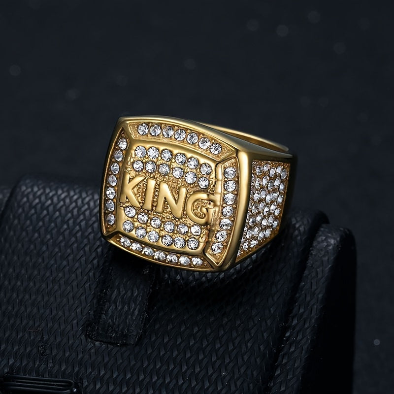 1pc 316L Stainless Steel Hip Hop Punk Style Ring, Luxurious Golden/Silvery King Ring, Inlaid With Rhinestone Ring For Men, Boyfriends Gift Fashion Jewelry