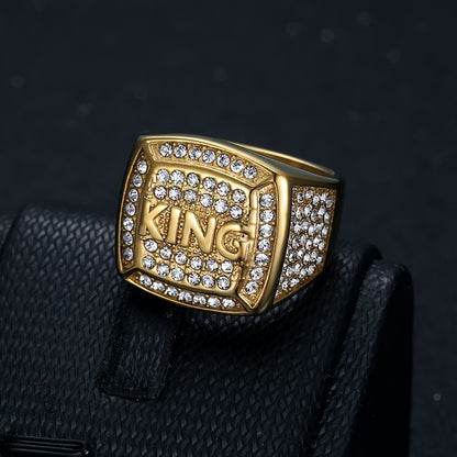 1pc 316L Stainless Steel Hip Hop Punk Style Ring, Luxurious Golden/Silvery King Ring, Inlaid With Rhinestone Ring For Men, Boyfriends Gift Fashion Jewelry