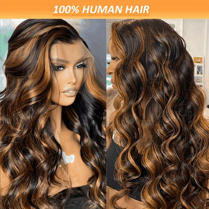 Highlight Ombre 13x6 HD Transparent Lace Frontal Wigs Human Hair Pre Plucked 180% Density #P1B/30 Body Wave Lace Front Wigs Human Hair Wigs