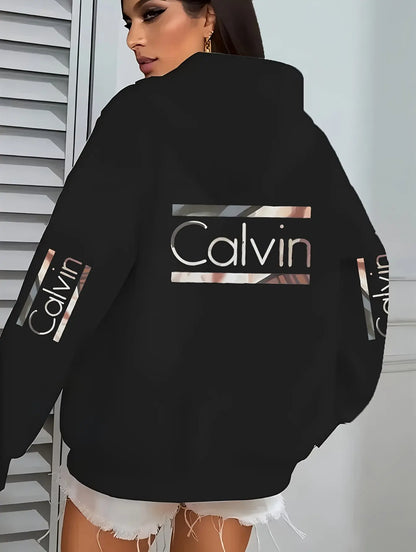 Plus Size Women'S Elegant "Calvin" Graphic Hoodie - Comfortable, Lightweight, Long Sleeve, Stretch Polyester Pullover with Round Neck - Machine Washable, All-Season Casual & Sporty Style, Versatile Clothing | Stylish Casualwe Chic Le'Meek