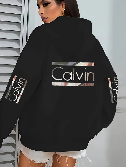 Plus Size Women'S Elegant "Calvin" Graphic Hoodie - Comfortable, Lightweight, Long Sleeve, Stretch Polyester Pullover with Round Neck - Machine Washable, All-Season Casual & Sporty Style, Versatile Clothing | Stylish Casualwe Chic Le'Meek