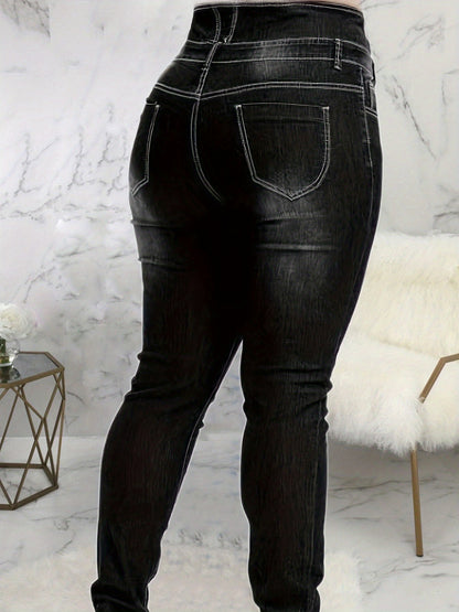 Plus Size High Waist Skinny Jeans - Ultra-Stretchy & Button-Up Design - Flattering Solid Color for Curvy Women