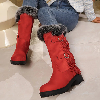 Women's Fluffy Pull On Boots, Platform Soft Sole Thermal Lining Winter Boots, Chunky Heel Tassel & Buckle Snow Boots for halloween Chic Le'Meek