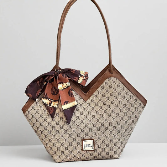 LABOONOO Women'S Vintage-Inspired Tote Bag with Scarf - Elegant, Large Capacity, Zip Closure, Grey & Beige Pattern, Perfect for Casual or Retro Outfits Chic Le'Meek