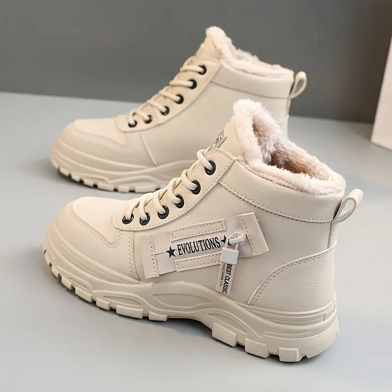 [Warm Fleece-Lined Winter Boots] Warm Fleece-Lined Women's Winter High-Top Boots - Thick Rubber Sole, Lace-Up Casual Style, White & Beige, Perfect for Cold Weather Comfort Chic Le'Meek