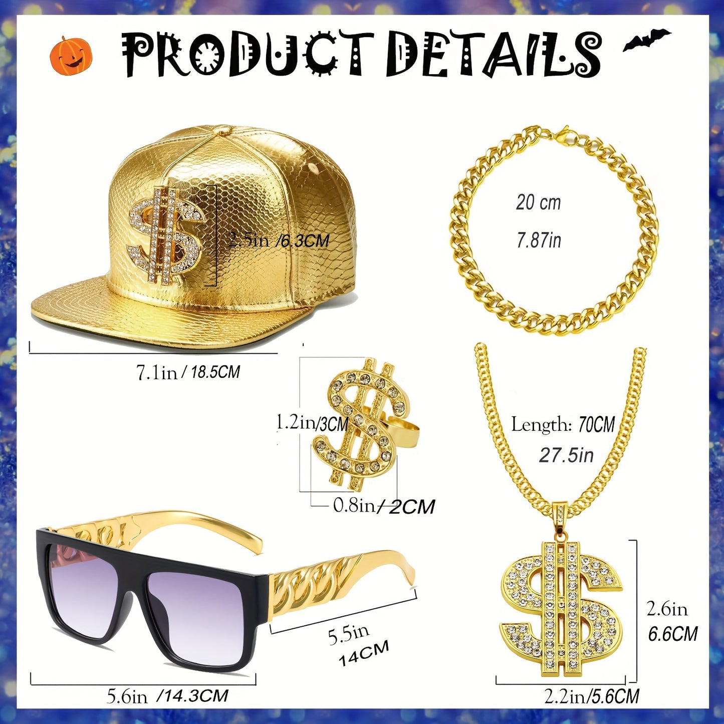 5Pcs Hip Hop Costume Kit 80s 90s Rapper Accessories Set Gold Rapper Hat Baseball Cap Punk Sunglasses Gold Dollar Sign Pendant Necklace