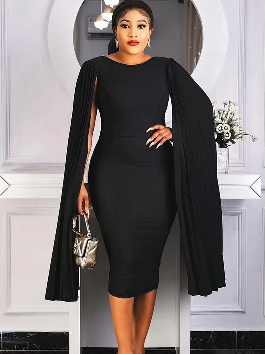 Plus Size Elegant Cape Sleeve Crew Neck Dress - Soft Medium Stretch Polyester Fabric, All-Season Wear - Simple yet Chic Solid Color Knit Fabric Dress for Women