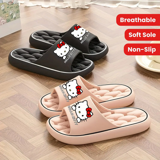 Sanrio Hello Kitty Kawaii Cartoon Slides - Unisex Breathable Soft Sole EVA Slippers, Comfortable Non-Slip Casual Shoes for Indoor & Outdoor Use, Black & Cream Design with Red Bows, Cute Slippers Chic Le'Meek