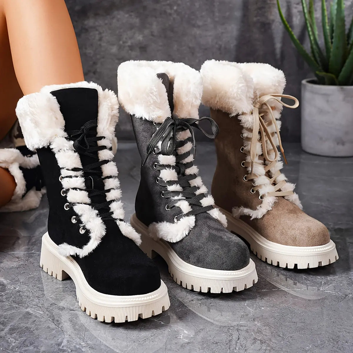 Women's Fashion Casual Lace-Up Mid-Calf Boots with Plush Lining, Round Toe Chunky Low Heel - Velvet Upper, Fabric Lining, TPR Sole Chic Le'Meek