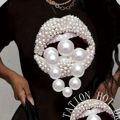 Plus Size Women'S Art Jewelry Lip Pattern Art Print T-shirt, Trendy Fashion Women'S T-shirt, Summer Short Sleeve Top Casual Chic Le'Meek