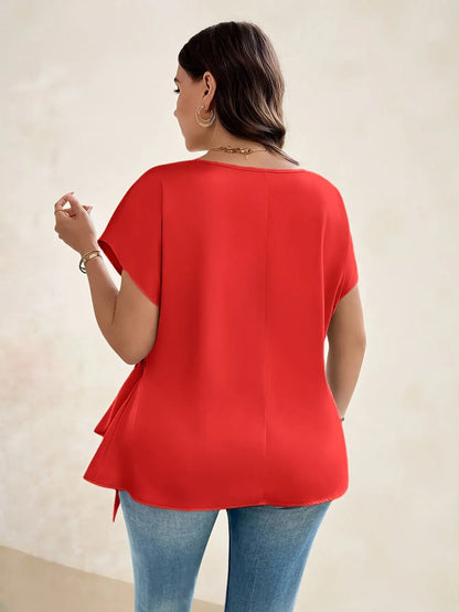 Plus Size - Women's Elegant Satin Blouse with Bow Detail - Short Sleeve AliExpress
