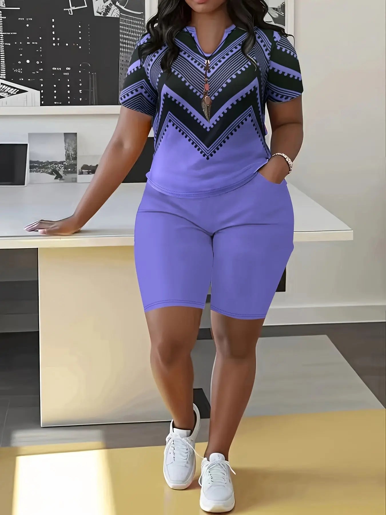 Elegant Plus-Size Bohemian Women'S V-Neck Short Sleeve Top & Shorts Set - Chic Wave Print, Casual Polyester Blend With Pockets, Perfect For Spring & Autumn - Comfortable & Stylish Home Wear, Short Sleeve Plus Size Chic Le'Meek