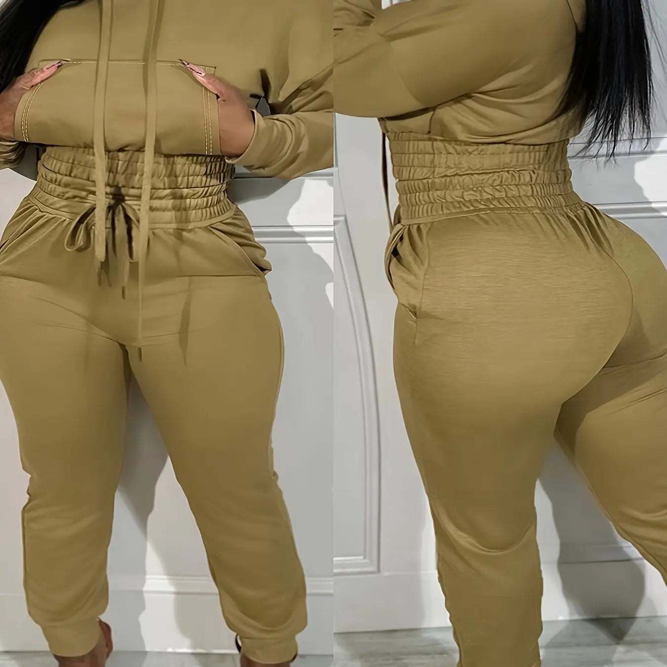 [Plus Size Elasticated Tunic Jogging] Plus Size Solid Elasticated Tunic Hooded Jogging Set Temu