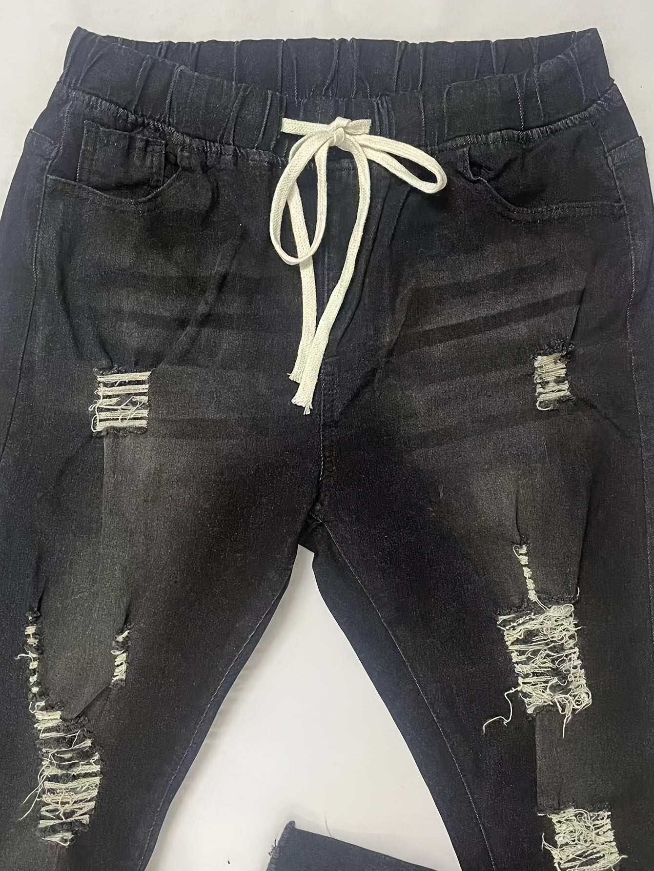 Plus Size Women's Jeans, Stretch Denim Drawstring Pants, Street Style, Distressed Ripped Casual Wear, Elastic Waist, Comfort Fit, Fashion Bottoms