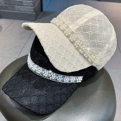 Summer Breathable Mesh Baseball Cap, Lightweight Faux Pearl Embellished Peaked Hat, Breathable Soft Top Dad Hat For Women