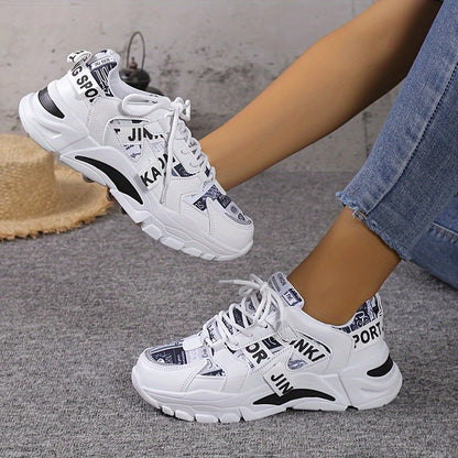 Women's Letter Pattern Casual Sneakers, Lace Up Platform Soft Sole Sporty Trainers, Lightweight Low-top Shoes