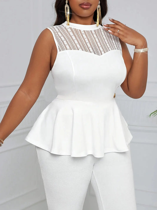 Elegant White Lace-Trimmed Sleeveless Peplum Top with Ruffled Hem, Cinched Waist, and High-Neck Design for Women - Perfect for Parties and Casual Outings Chic Le'Meek