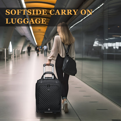 Carry-On Underseat Luggage With Wheels, 18 Inch Carry-on Luggage For Airlines, Underseat Lightweight Suitcase For Women, Softside Overnight Luggage For Business Travel