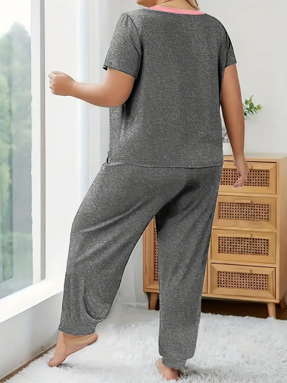 Plus Size "Have a Great Weekend" Print Short Sleeve Pajama Set - Casual, All-Season Polyester Pajamas with Relaxed Fit, Ideal for Adults, Relaxed Fit Pajamas | Playful Print Design | Polyester Fabric Chic Le'Meek