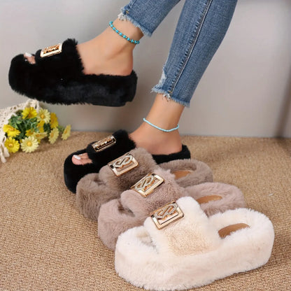 [Plush Slippers] Comfortable Women's Plush Slippers | Thick Sole, Faux Furry Material, Black/Brown/Grey, Metallic Buckle - Indoor Shoes for All Seasons Chic Le'Meek