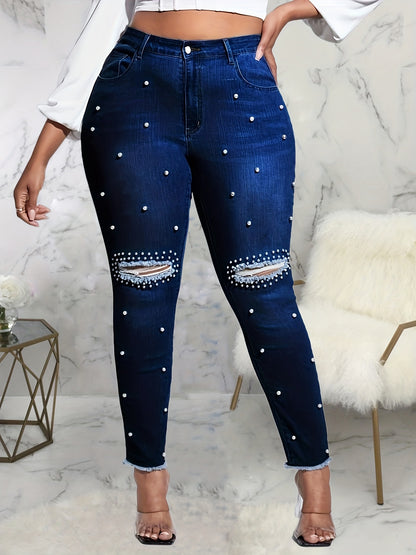 Plus Size Casual Jeans, Women's Plus Faux Pearl Decor Washed Ripped Button Fly Fringe Trim High Rise High Stretch Skinny Jeans For Fall