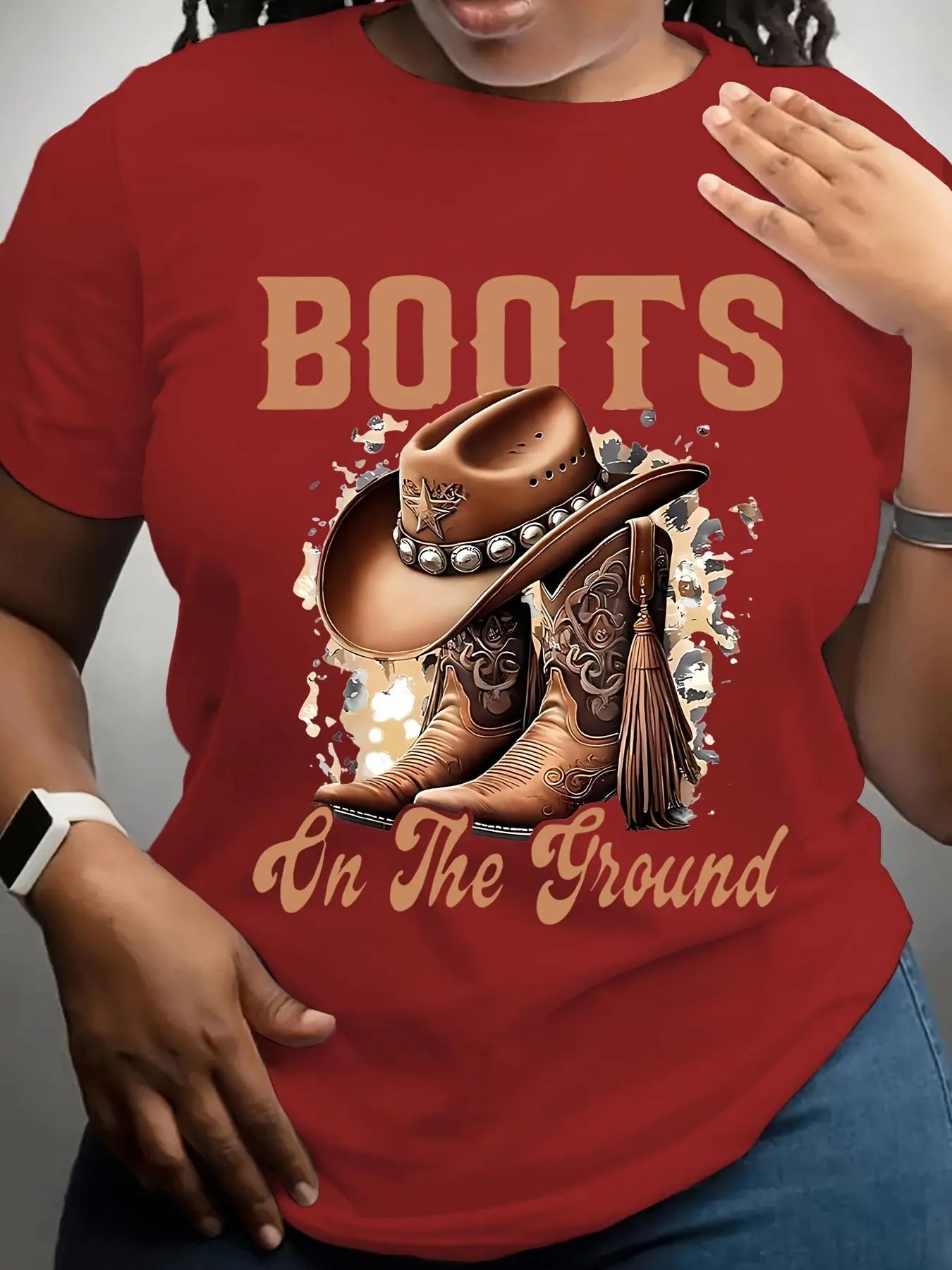 [Soft Graphic Tee] Soft Breathable Plus Size Women's Graphic T-Shirt | On The Ground Boots Western Cowboy Floral Print, Machine Washable Casual Short Sleeve Round Neck Top, Comfortable Pullover, Easy Care Fabric Spring Summer Chic Le'Meek