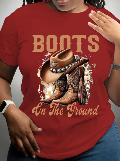 [Soft Graphic Tee] Soft Breathable Plus Size Women's Graphic T-Shirt | On The Ground Boots Western Cowboy Floral Print, Machine Washable Casual Short Sleeve Round Neck Top, Comfortable Pullover, Easy Care Fabric Spring Summer Chic Le'Meek