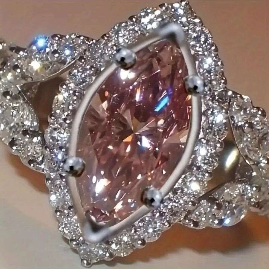 [Luxury Ring] Luxury Elegant Pink Cubic Zirconia Silver Plated Copper Ring | Sparkling Wedding/Cocktail Engagement Ring - Ideal Valentine's Day Gift Chic Le'Meek
