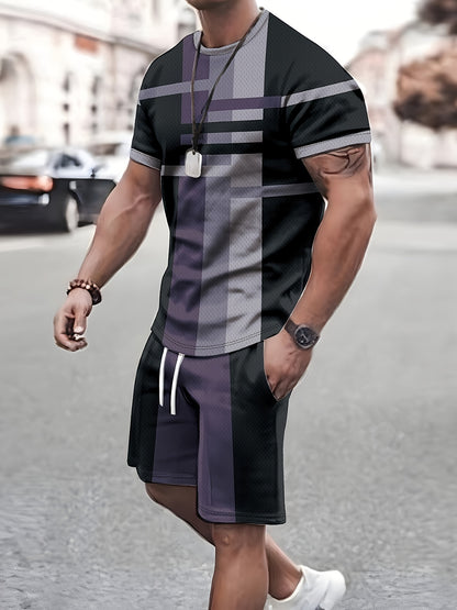 2-Piece Mens Casual Co-ord Set - Color Block Pattern Crew Neck Short Sleeve T-Shirt and Drawstring Shorts with Pockets - Machine Washable