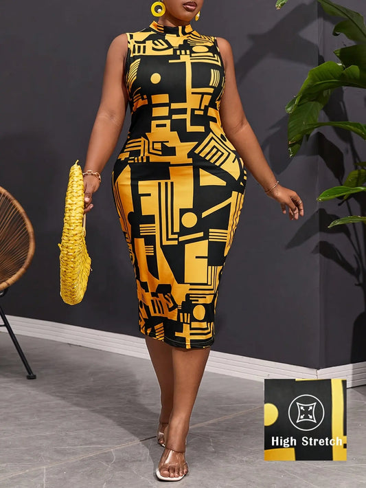 ECHOINE Women Sexy Plus Size Floral Print V Neck Long Sleeve Zipper Stretch Pencil Midi Bodycon Dress Party Chic Le'Meek
