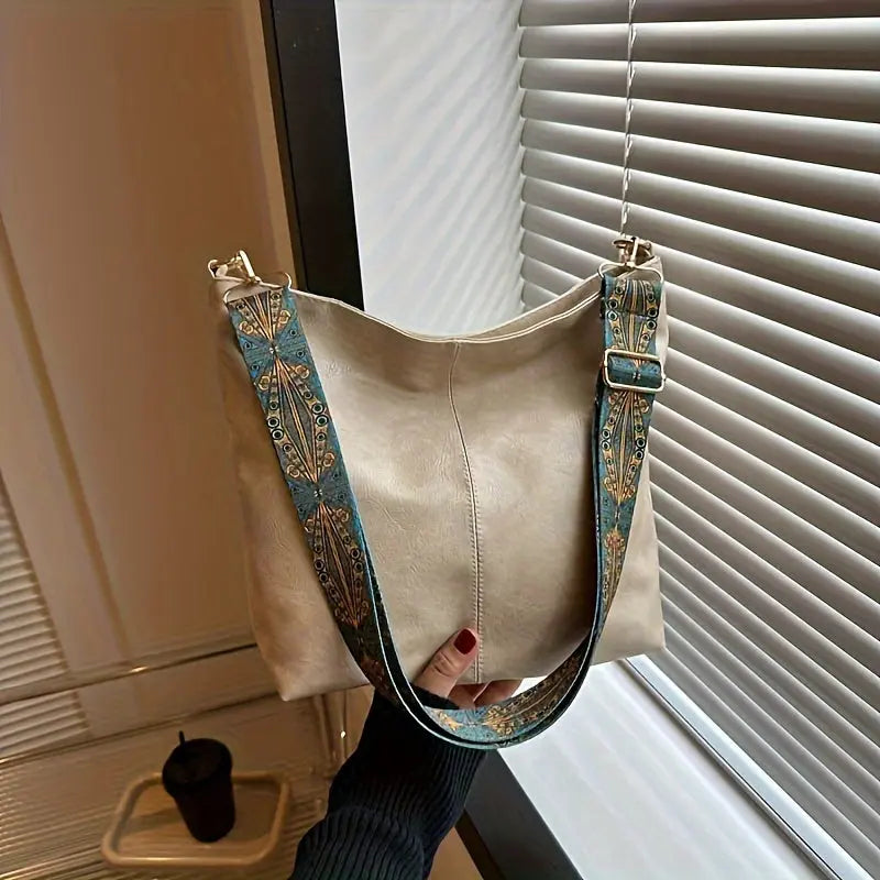 [Vintage Tote Bag] Large Vintage Tote Bag | Crossbody Bag with Removable Strap, Zipper Closure, Polyester Lining, Random Printing, No Edge Paint, for Women, Black/Beige/Rose Red/Pink/Light Grey/Blue/Light Green/Green/Light Br Chic Le'Meek