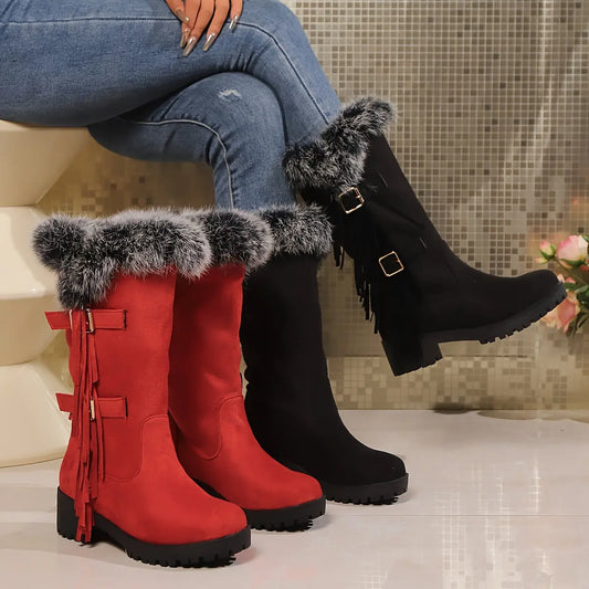Women's Fluffy Pull On Boots, Platform Soft Sole Thermal Lining Winter Boots, Chunky Heel Tassel & Buckle Snow Boots for halloween Chic Le'Meek