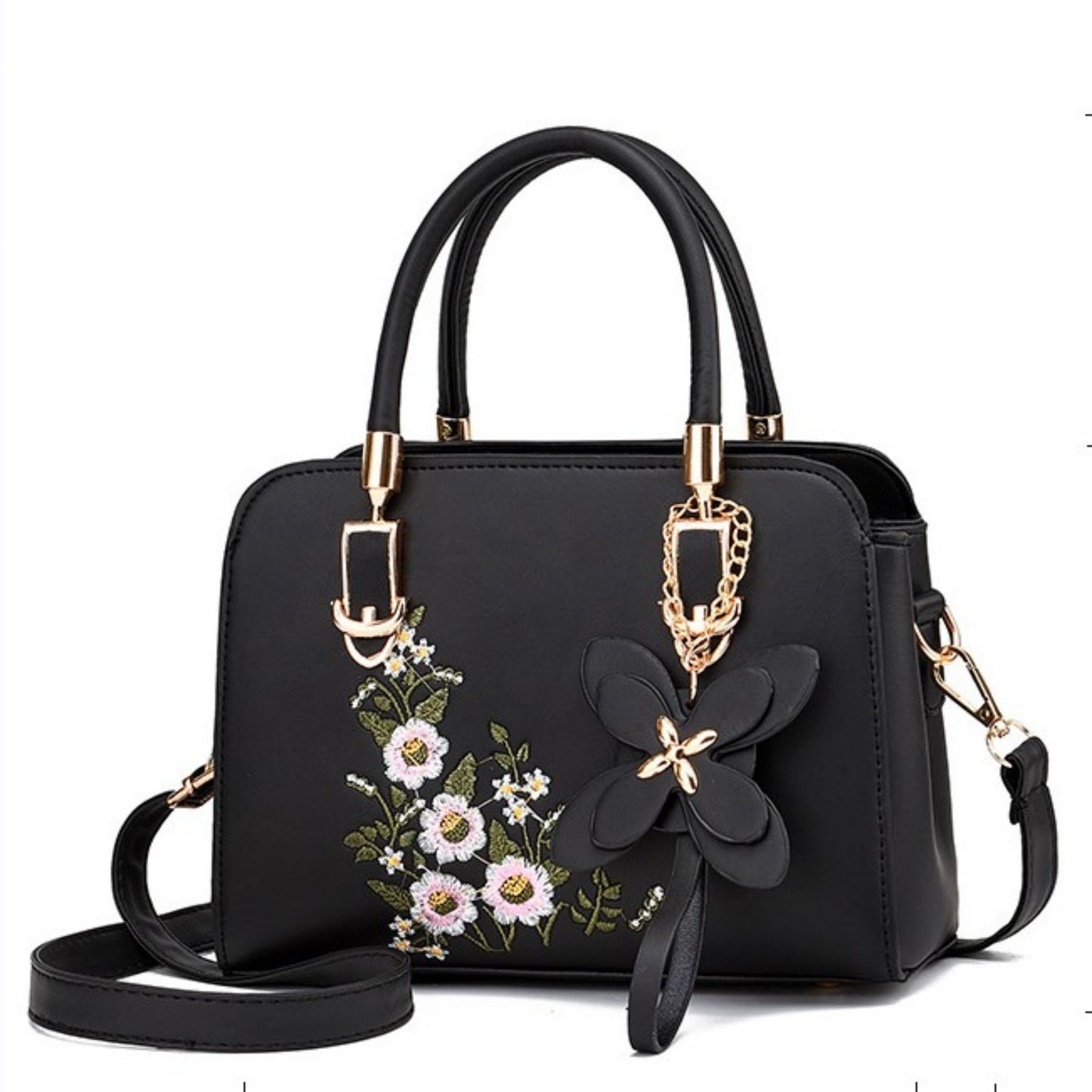 Elegant Flower Pattern Faux Leather Crossbody Handbag with Removable Strap and Rayon Lining - Zipper Closure, Embroidered Embellishment, Double Handle Design