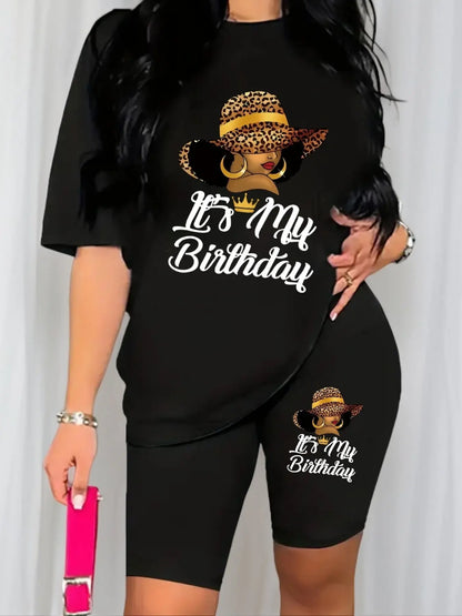 Women's Plus Size Summer Casual Outfit: Stretchy Short Sleeve Crew Neck Tee & Biker Shorts Set with "It's My Birthday" Print - Machine Washable, Comfort Fit Chic Le'Meek