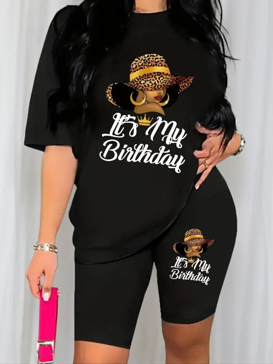 Women's Plus Size Summer Casual Outfit: Stretchy Short Sleeve Crew Neck Tee & Biker Shorts Set with "It's My Birthday" Print - Machine Washable, Comfort Fit Chic Le'Meek