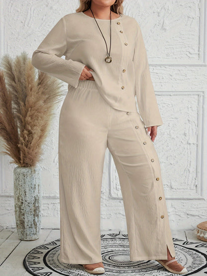 Plus Size Two-Piece Set - Crew Neck Long Sleeve Top & Pants Outfits with Fake Buttons,  Machine Washable, Solid Color, Middle East Style