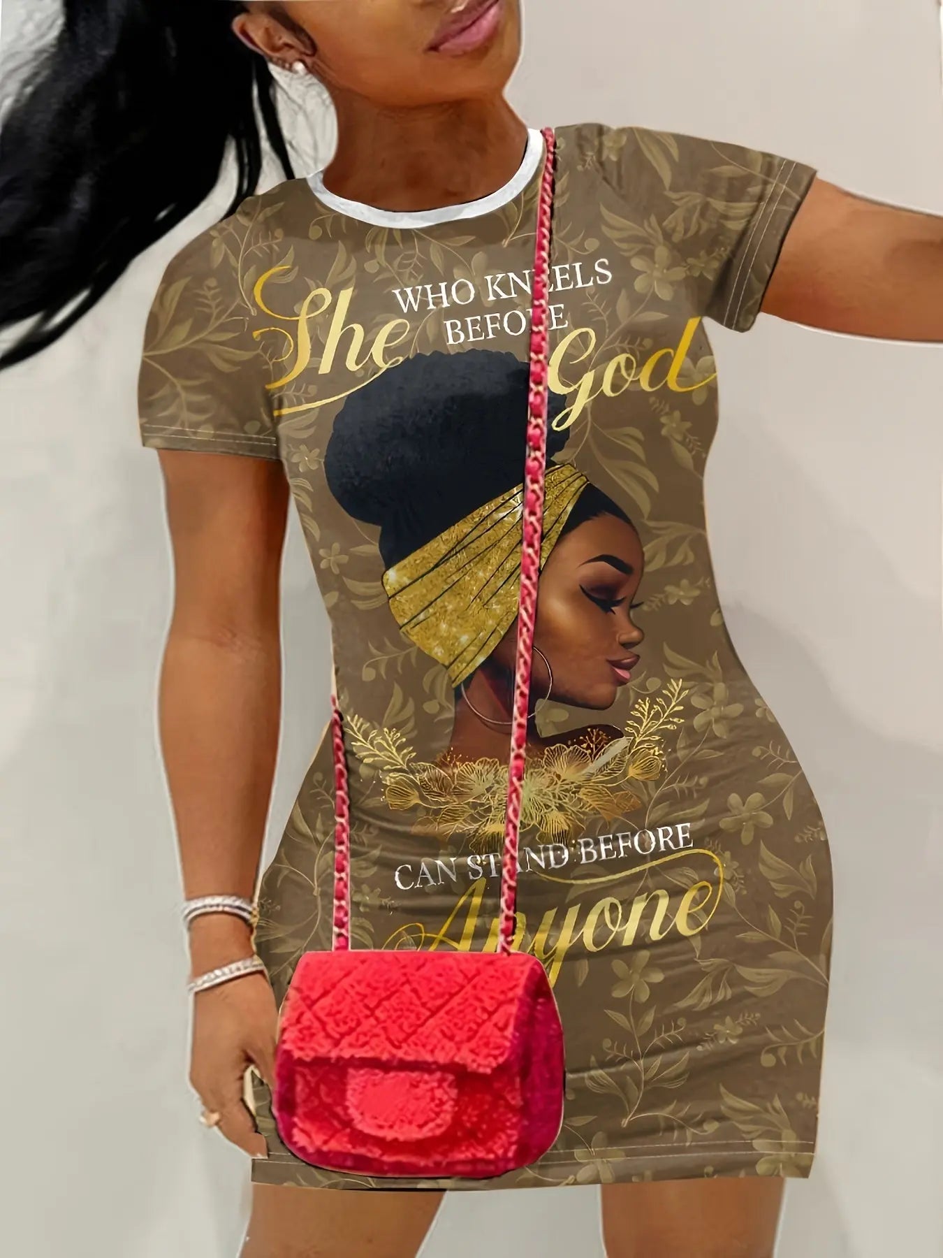 GOD Slogan Printing, Portrait Printing, Round Neck, Short-sleeved Plus Size Dress, The Fabric Is Comfortable And Stretchy Chic Le'Meek