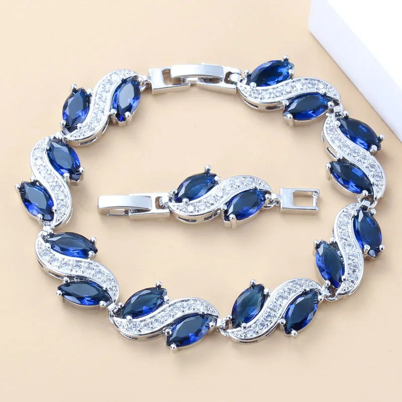 925 Mark Silver Color Wedding Dress Accessories Women Bridal Necklasce And Earrings Jewelry Sets Zircon Blue Bracelet Ring Sets