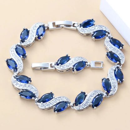 925 Mark Silver Color Wedding Dress Accessories Women Bridal Necklasce And Earrings Jewelry Sets Zircon Blue Bracelet Ring Sets