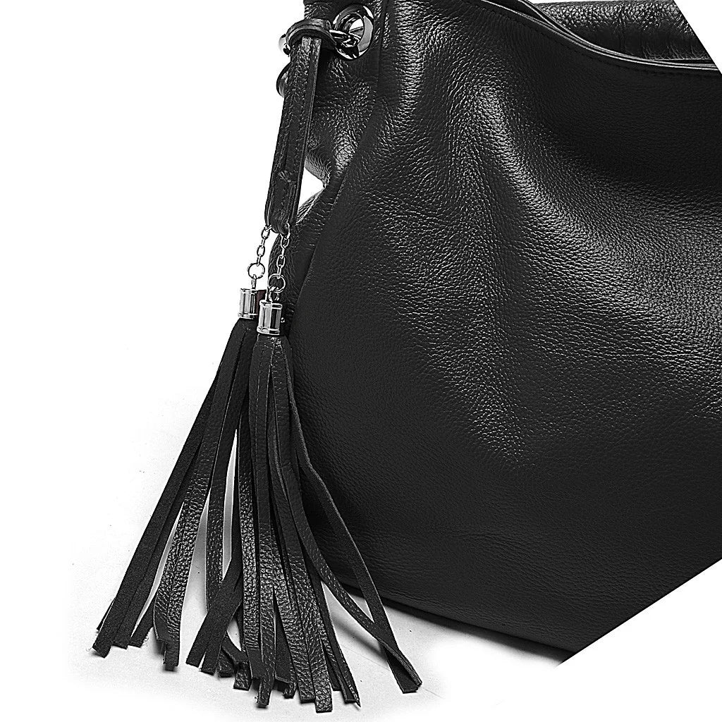 Zency Black White Bag 100% Soft Genuine Leather Tassel Women's Handbag Ladies Shoulder Bags Messenger Satchel Crossbody Purse