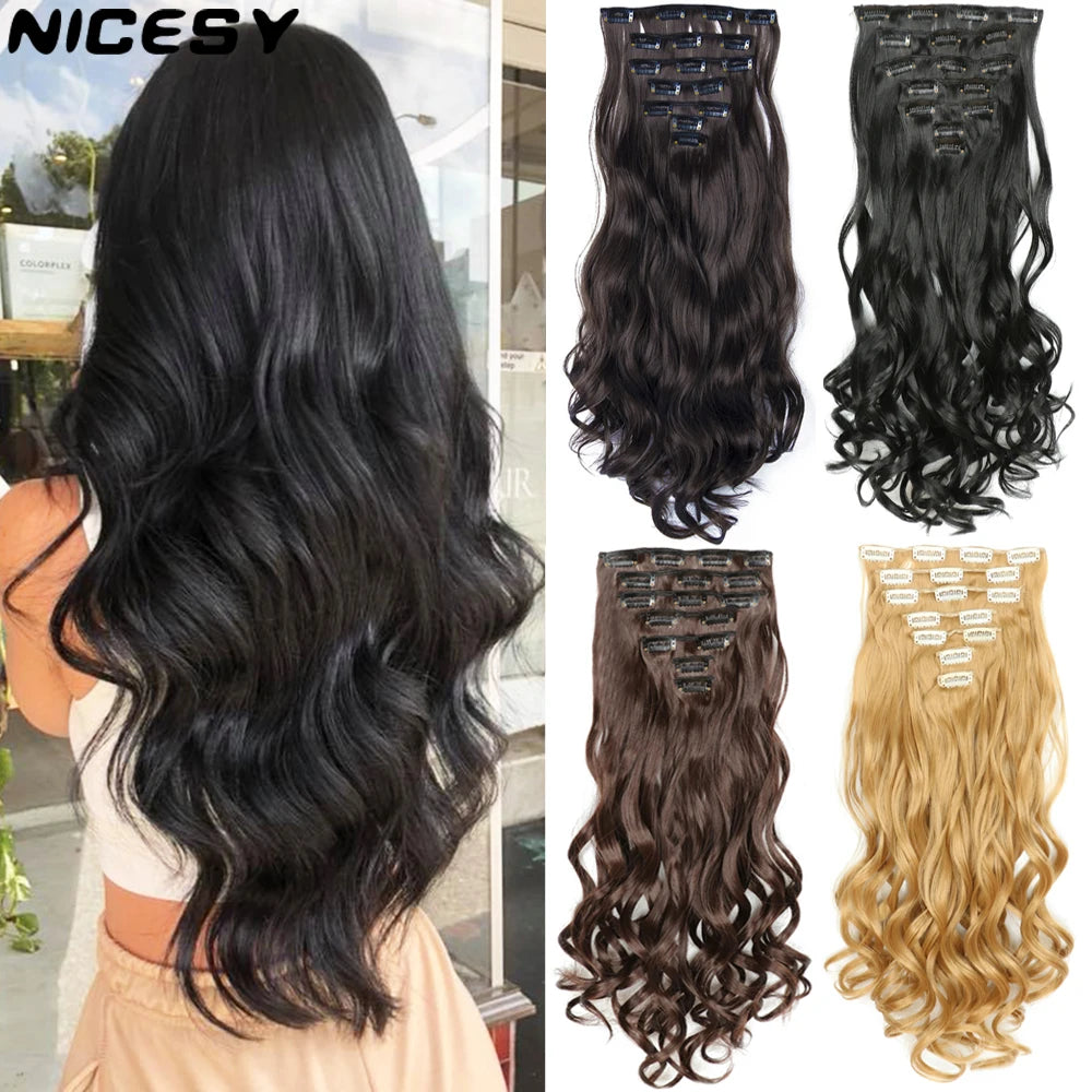 NICESY 16Clips Synthetic 24Inch Long Curly Hair Hairpiece Heat Resistant Hair Extension Clips In Ombre Black Brown Blond Women