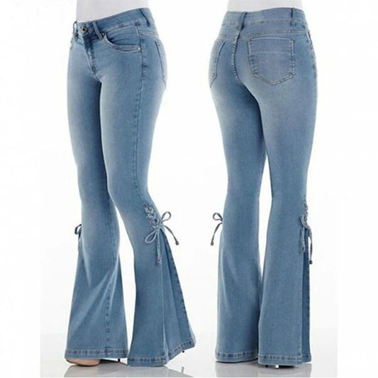 Fashion Mid Waist Denim Flare Pants Women Lace Up Slim-fit Stretch Jeans Wide Leg Trousers Lady Casual Bell-Bottoms